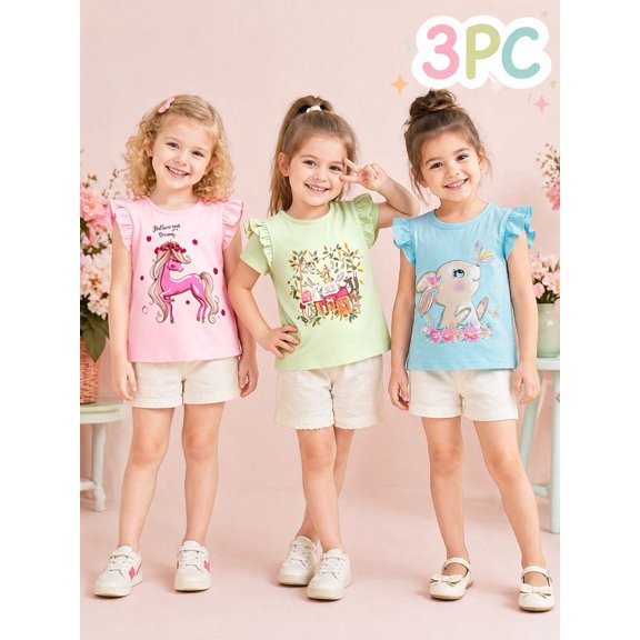 HILEELANG Toddler Girls' Cotton Short Sleeve Crewneck Tunic T-Shirts, 3 Pack (5T)