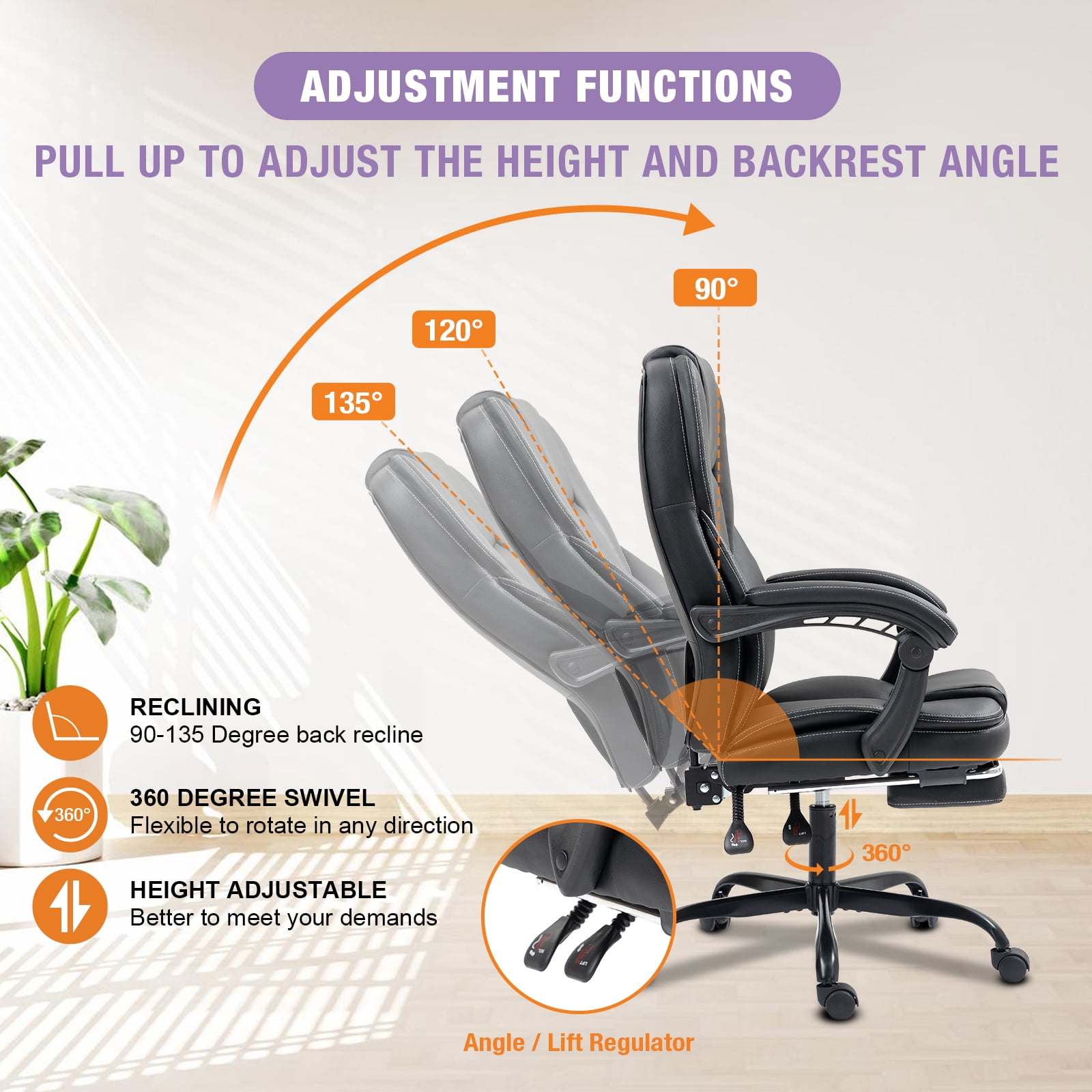 Big and Tall Executive Office Chair with Footrest, Ergonomic Computer Chair, High Back Swivel Recliner Home Reclining Chair with Lumbar Support, Height Adjustable, Padded Armrests, Rolling, Black