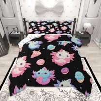 Homewish Cartoon Axolotl Bedding Comforter Set for Kids Girls, Kawaii Ice Cream Donut Twin Comforter Sets, Cute Animal Wildlife Bedding Set, Black Bedroom Decor