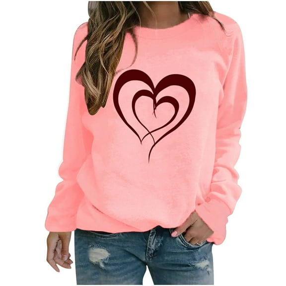 Lenpel Women's Valentines Day Shirts Long Sleeve Crew Neck Heart Printed Sweatshirts Casual Loose Pullover Tops