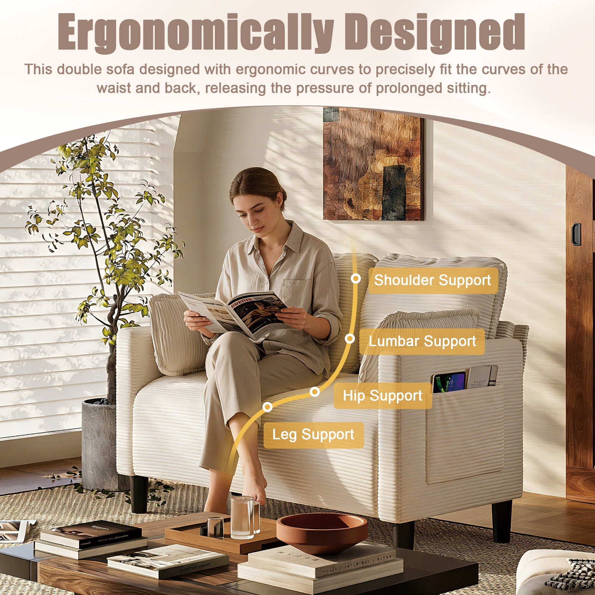 Jopath Sofa 48" Soft Corduroy Loveseat Couch W/Soft Cushions,Side Storage Pocket,Sturdy Composite Board & Solid Wood Frame, High Rebound Sponge,Ideal For Living Room,Apartment,Dorm White