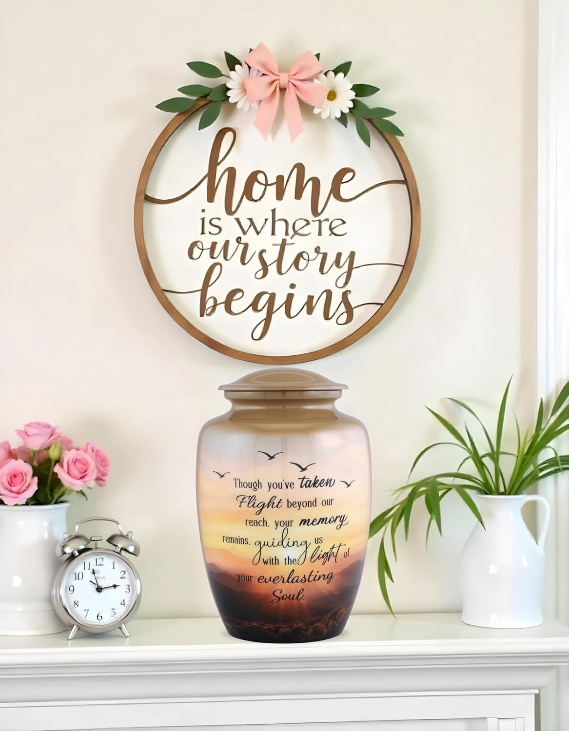 Soulful Flight Cremation Urn for Adult Ashes Sunset Memorial Urn with Birds Large Metal Funeral Urn for Human Ashes Holds Up to 210 Cu In 6.5x6.5x9.75 Inch