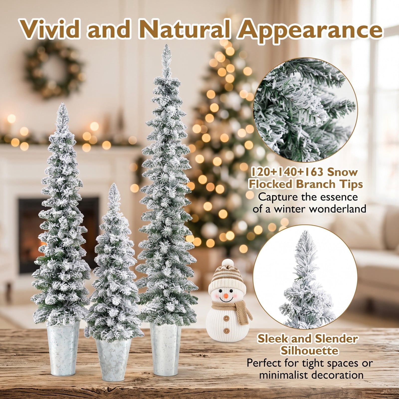 RUIE Set of 3 Pre-Lit Snow Flocked Artificial Christmas Trees, 423 Branch Tips, 230 Warm White LED Lights, PVC Xmas Tree with Metal Stand for Home, Green White Silver