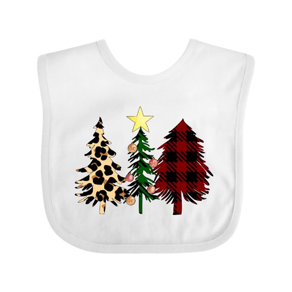 Inktastic Three Christmas Trees in Plaid and Leopard Print Boys or Girls Baby Bib