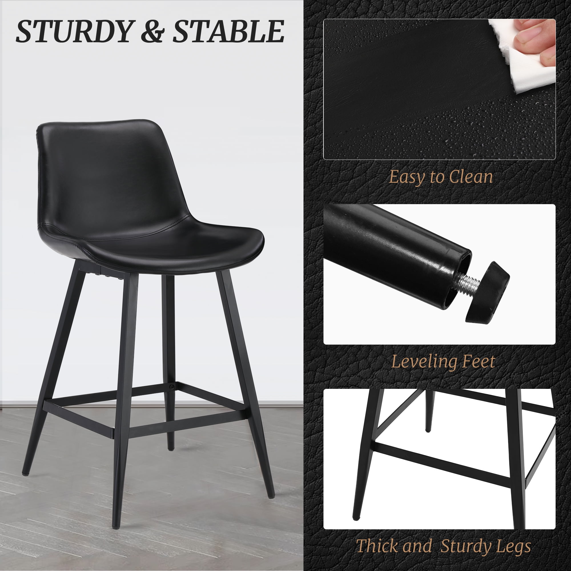 Dycanpo Modern Faux Leather 24 Inch,Counter Height Bar Stools Set of 4,for Home Kitchen, Black