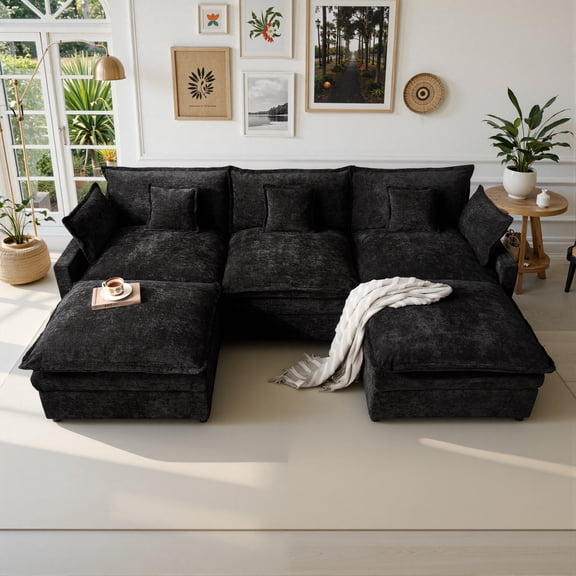 Vcatnet 107" Modular Sectional Sofa Couch Chenille Cloud Couch with 2 Ottomans L Shaped Oversized Modern Minimalist Couch for Living Room, Black