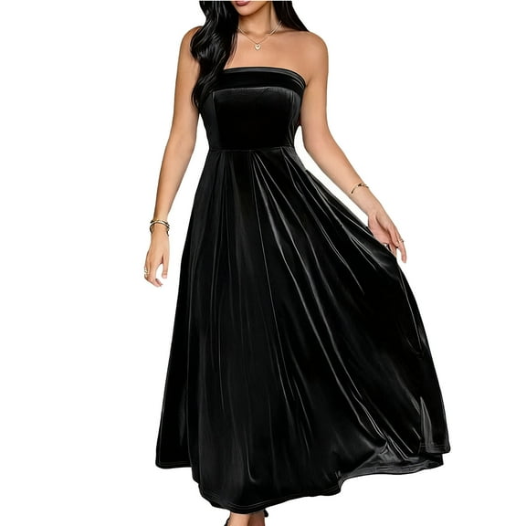 Cadancy Winter Cocktail Dresses for Women Strapless Off Shoulder Velvet Party Dress Maxi A Line Swing High Waist Elegant Wedding Guest Party Clothes