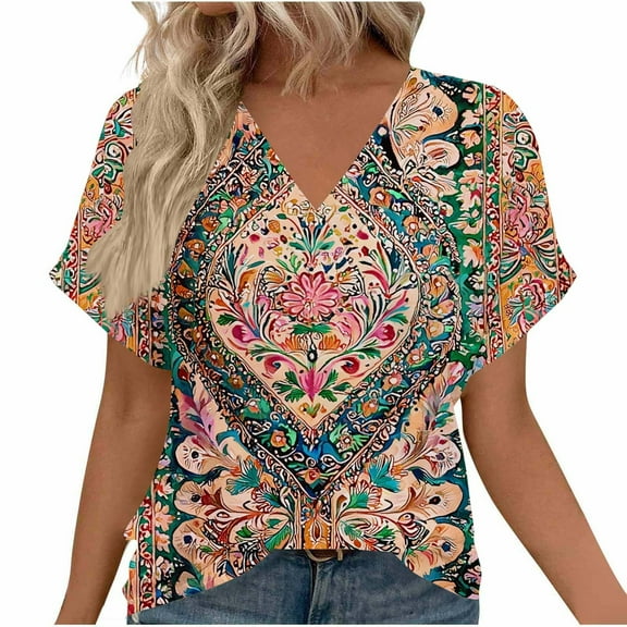 ZQUUVOU Women's Casual T-Shirt Boho Printing Short Sleeve V-Neck Blouse Orange (M)