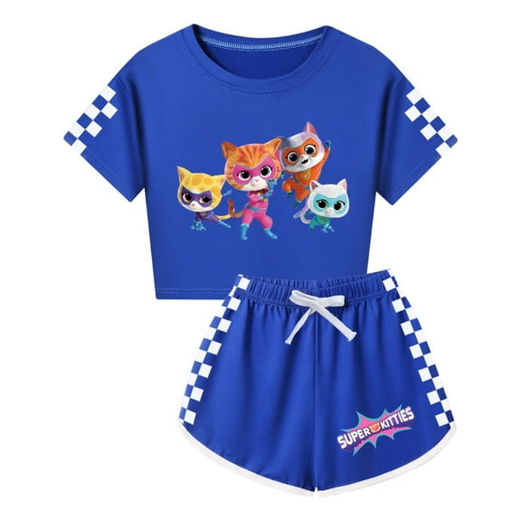 Girls Cartoon Cat 2-Piece T-Shirt Outfit Set – Kids SuperKitties Short Sleeve Tee and Drawstring Shorts