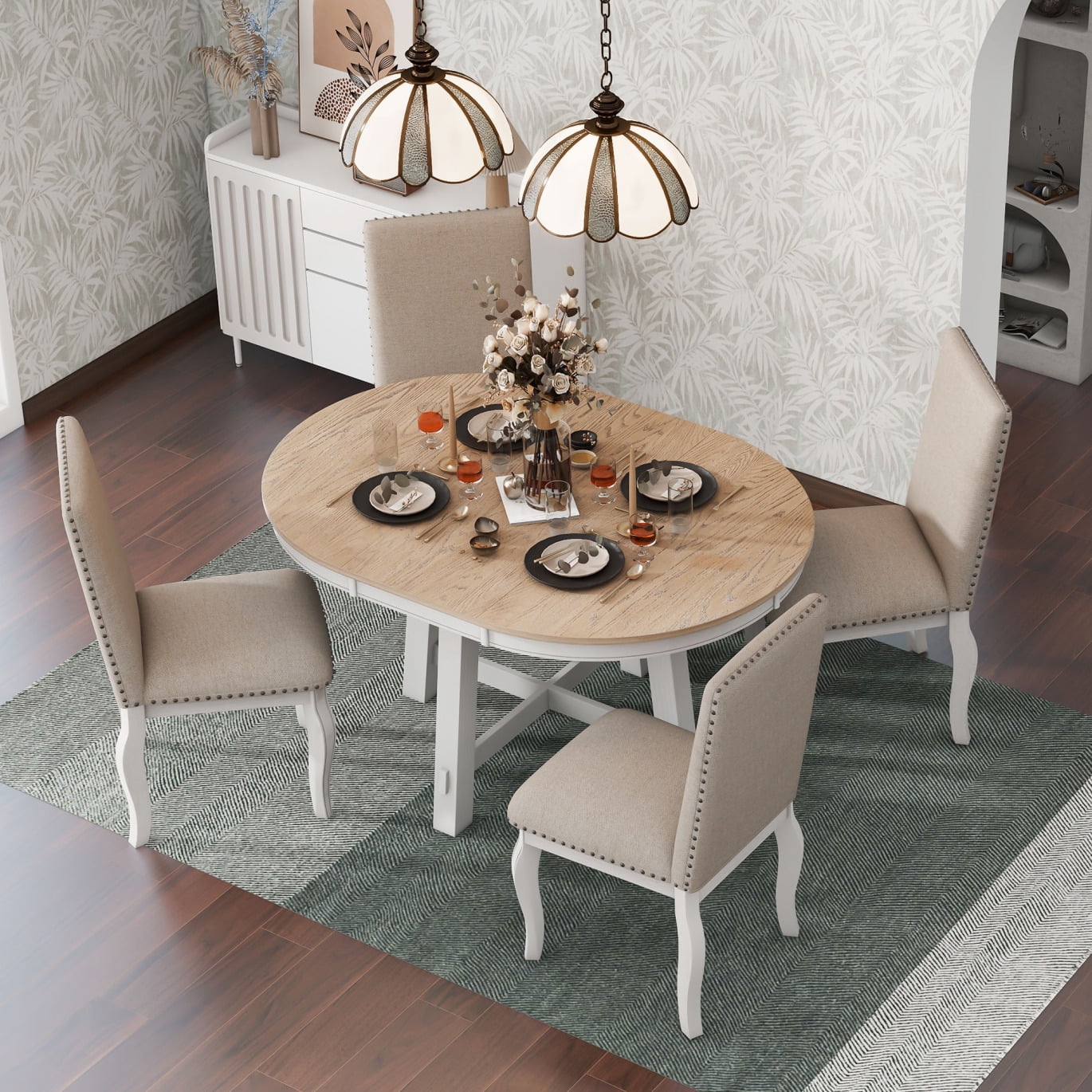 5Piece Farmhouse Dining Table Set, Wooden Round Extendable Kitchen