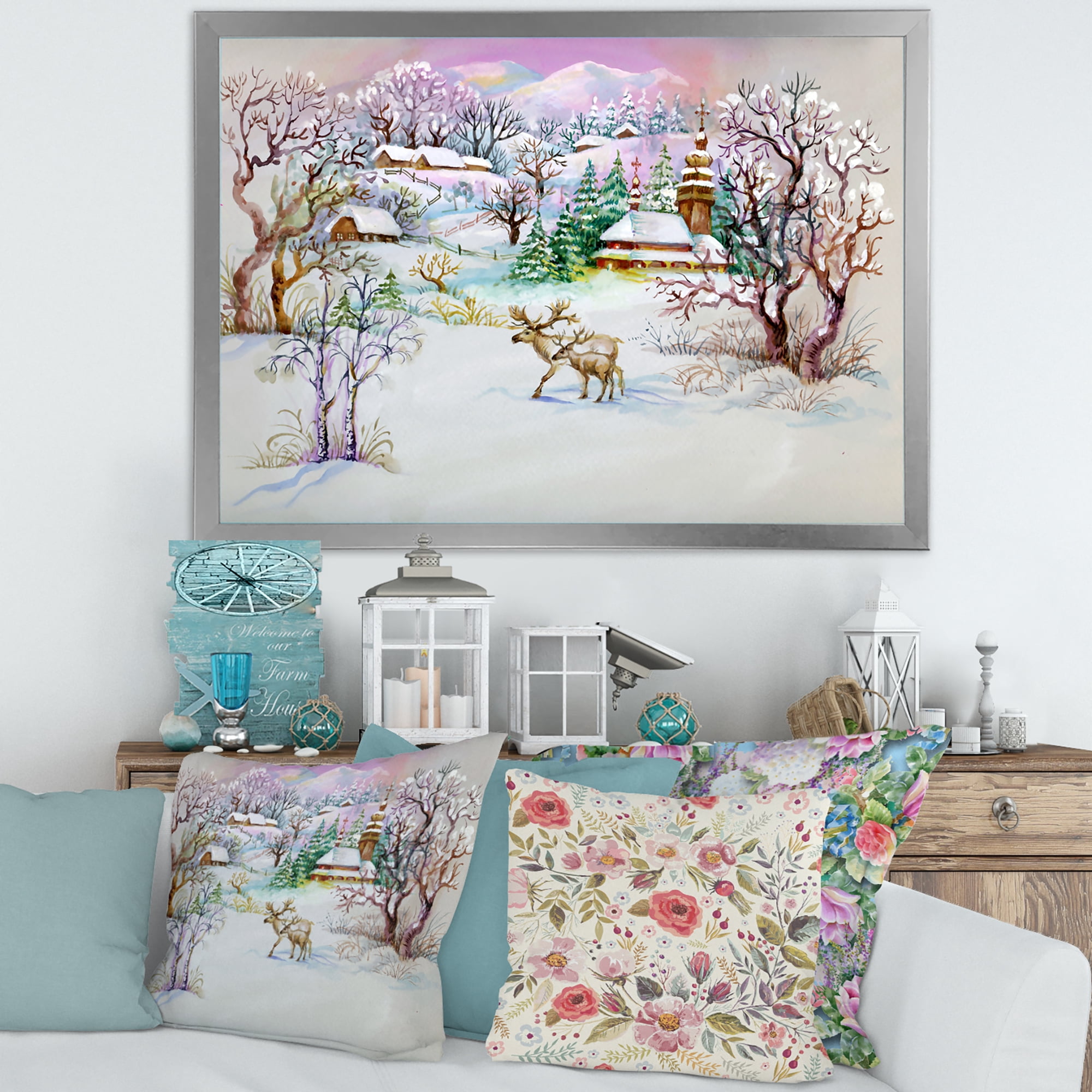 Designart 'Winter VIllage Life Landscape' Traditional Framed Art Print