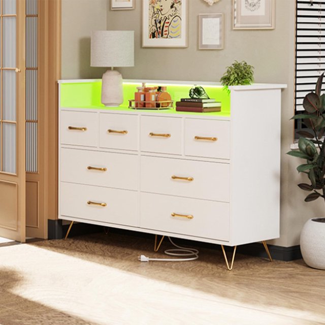 Modern 8-Drawer Dresser with LED Lights and Power Outlet – Wood Chest of Drawers with Gold Handles and Open Storage for Bedroom, Living Room, or Entryway