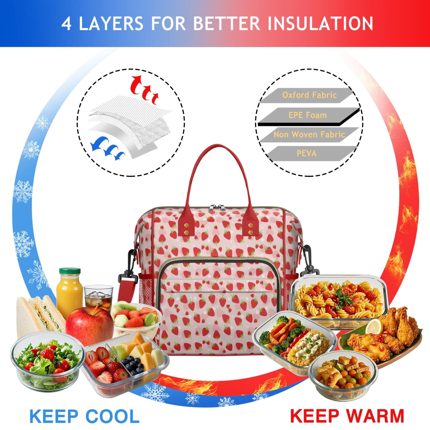 Sweet Strawberry Large Cooler Bag - Leakproof Insulated Lunch Tote with Multi-Pocket, Durable Handles for Office, Travel (Fresh Berry & Flower Pattern)