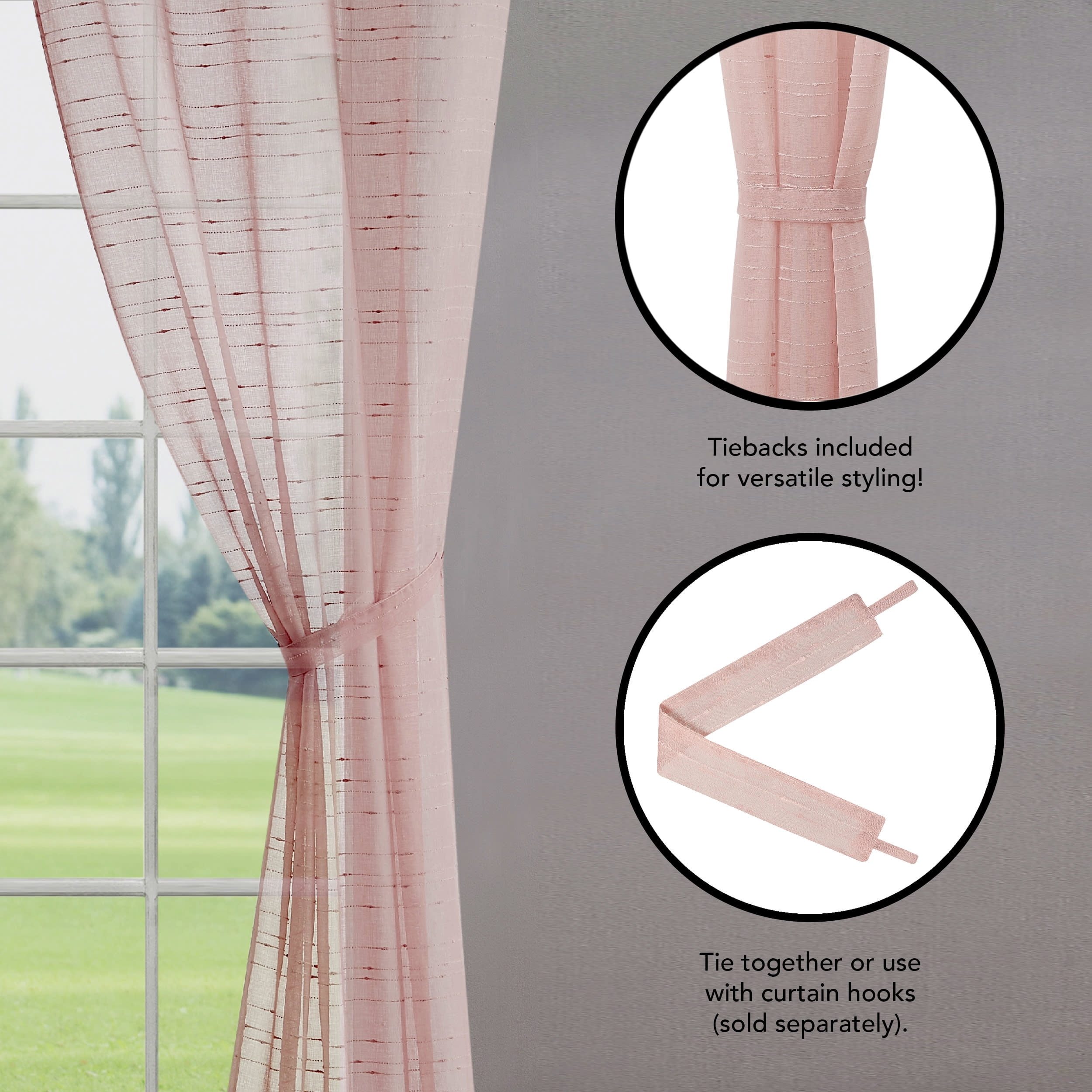 Blush Sheer Window Curtain Pair w Tiebacks, 38x108, Rosemary