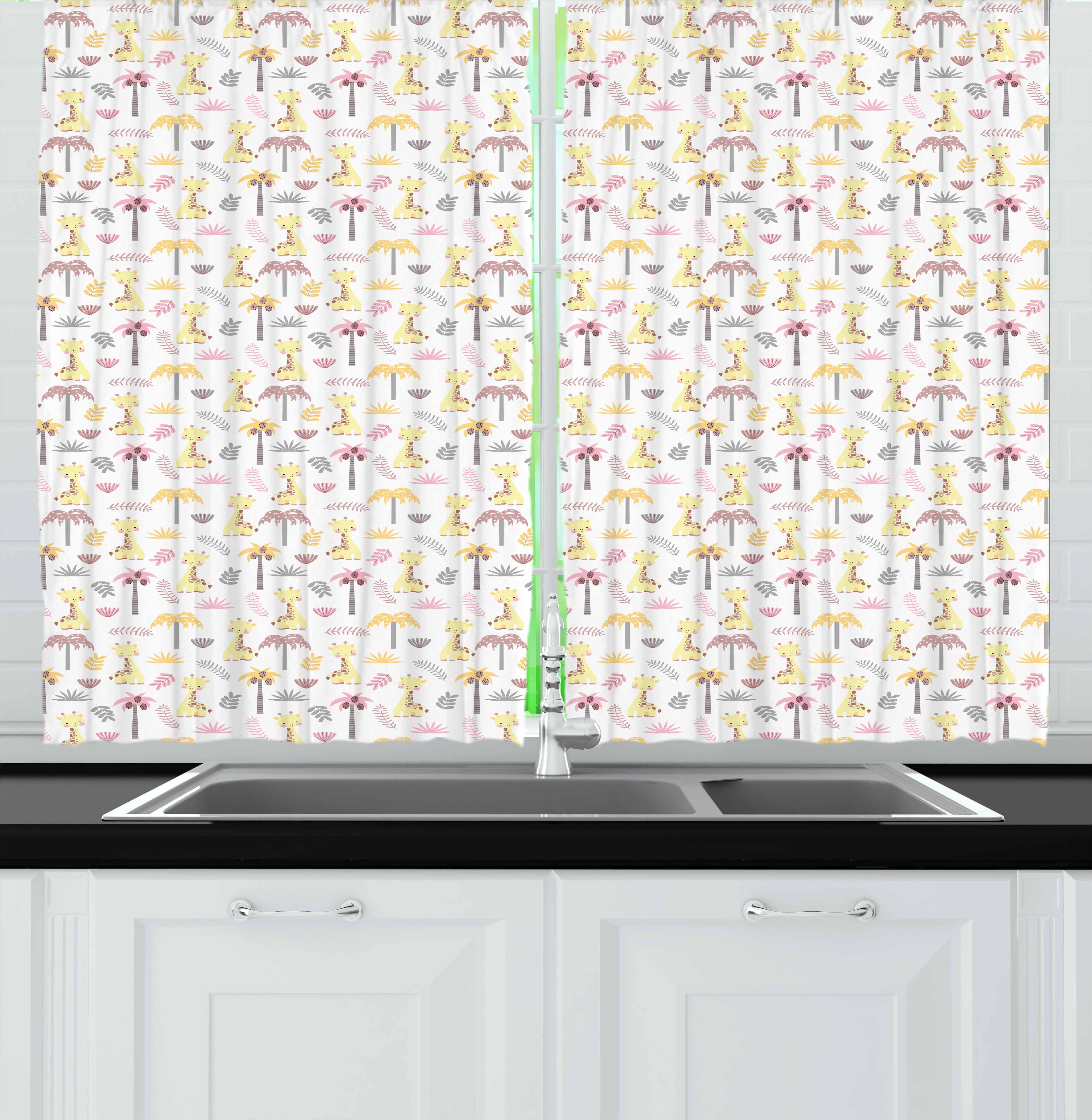 Kids Curtains 2 Panels Set Young Baby Giraffes In Forest With