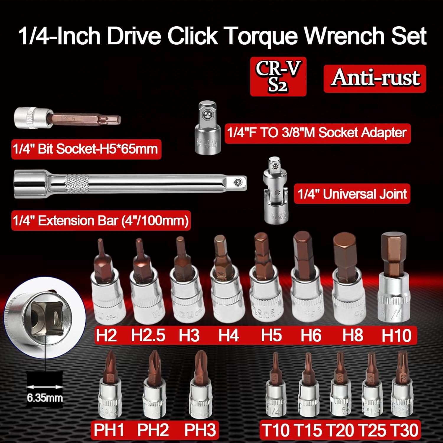 21 Pcs Bike Torque Wrench Set, 2-24 Nm Torque Wrench 1/4 Inch Drive with Extension Bar, Adapter, Universal Joint for Bicycle