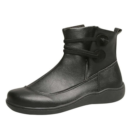 Puntoco Women Winter Boots Clearanc Women S Casual Flat Retro Lace-Up Boots Side Zipper Round Toe Shoes Boots Black 7(39)