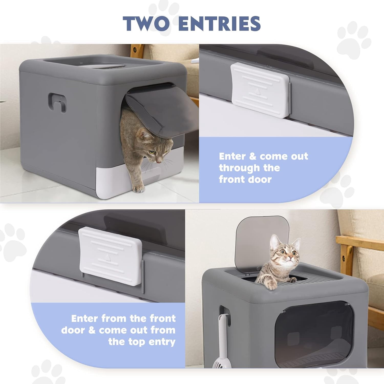 Foldable Enclosed Cat Litter Box with Front Door & Top Entry, Pull-Out Drawer Type, Cat Toilet with Lid, Easy Cleaning and Anti-Splashing Litter Tray with Plastic Scoop (Grey)
