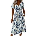 thumbnail image 5 of Women's V Neck Short Sleeve Dress Vintage Floral Print A Line Midi Casual Summer Outfit Flowy Lightweight Party Wear Vacation Going Out Chic Womens Dress Sky Blue XXXL, 5 of 6