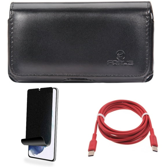 For Samsung Galaxy S21 (6.2") - PD Fast Charger USB-C to Type-C Red 6ft Long Cable   Swivel Leather Case Belt Clip   [Fingerprint Works] TPU Film Privacy Screen Protector