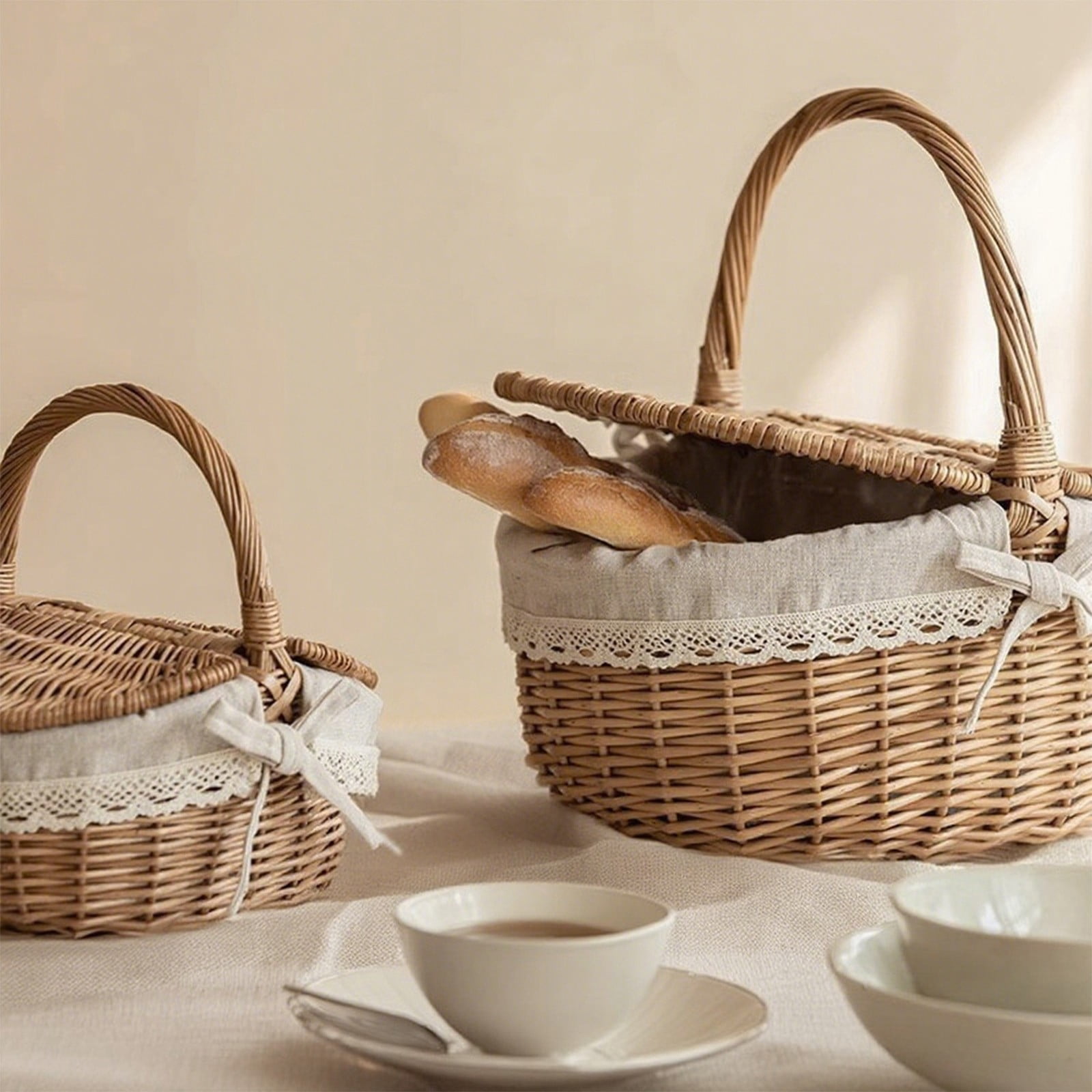 Adult Easter Basket, Picnic Basket, Handwoven Wicker Picnic Basket with Lid, Storage Hamper with Handle, Rattan Serving Basket for Outdoor, Beach, Camping
