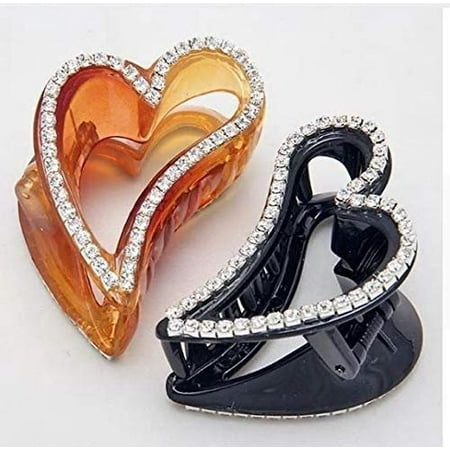 Divine Collection Rhinestone Hair Claw Clips (Set of 2: Black and Brown Heart)