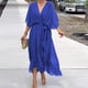thumbnail image 3 of Vestido elegante con cinturón y cordones para mujer, vestido sexy de corte A con escote en V, manga corta, irregular, vestido de moda, drapeado, liso, estilo bohemio, midi, 3 of 4
