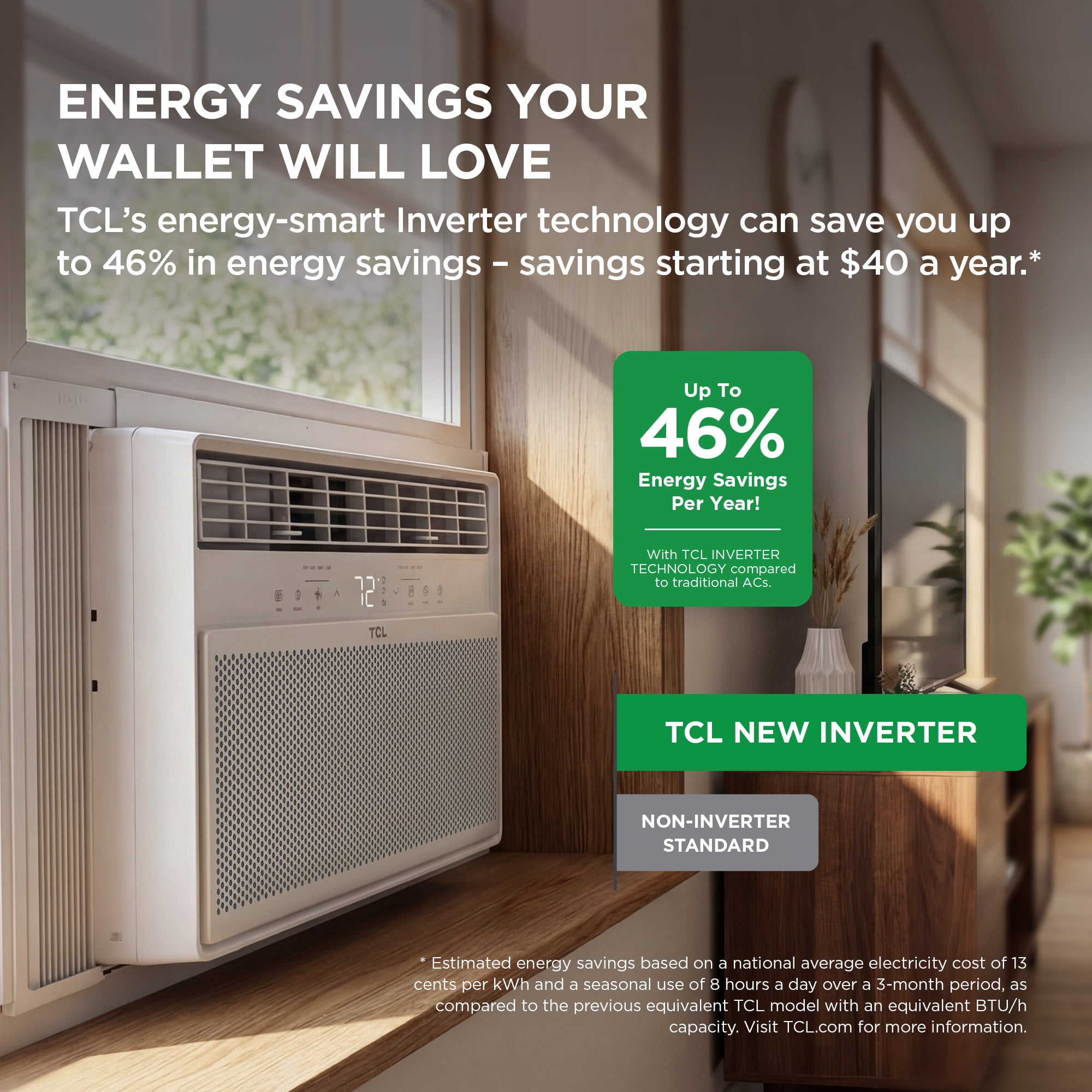 TCL 10,000 BTU Smart Inverter Window Air Conditioner (White) - 450 Sq ft with up to 46% Energy Savings, Quiet Cooling Tech, 3-in-1 Cooling, Fan & Dehumidifier, Matter Wi-Fi, Remote Control - W10WC72