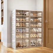 Danrelax 6-Tier Foldable Shoe Rack Organizer, 24 Pairs Stackable & Collapsible Shoe Cabinet with Transparent Doors & Leather Handles, Space-Saving Storage for Entryway, Closet, Kitchen, White