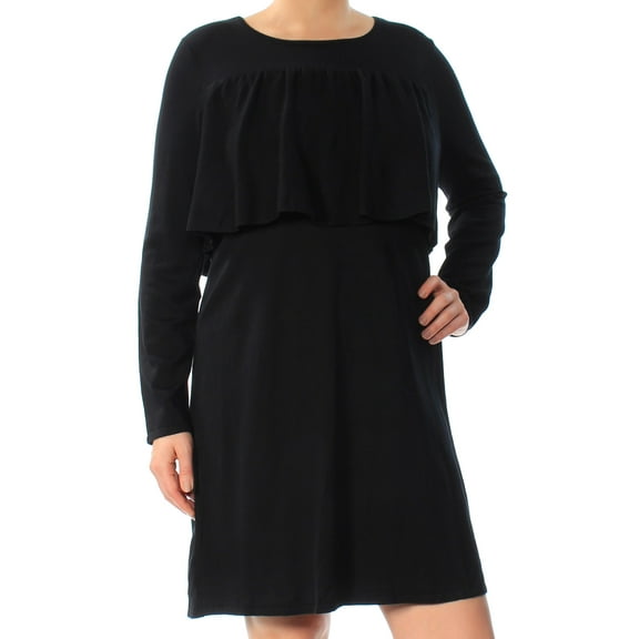 ALFANI Womens Black Ruffled Long Sleeve Jewel Neck Below The Knee Blouson Formal Dress  Size: L