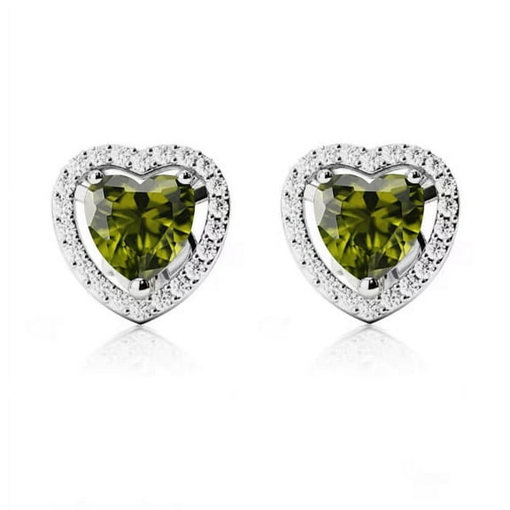 14k White Gold Halo Heart Plated Peridot Stud Earrings by Paris Jewelry