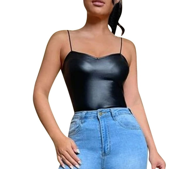MESSUEN Spaghetti Strap Tank Top Leather Tops for Women V-neck Camisole V Neck Glitter Strappy Tank Ladies Patent Leather Vest Short Womens Shirts Casual Sleeveless Tees for Women Black L