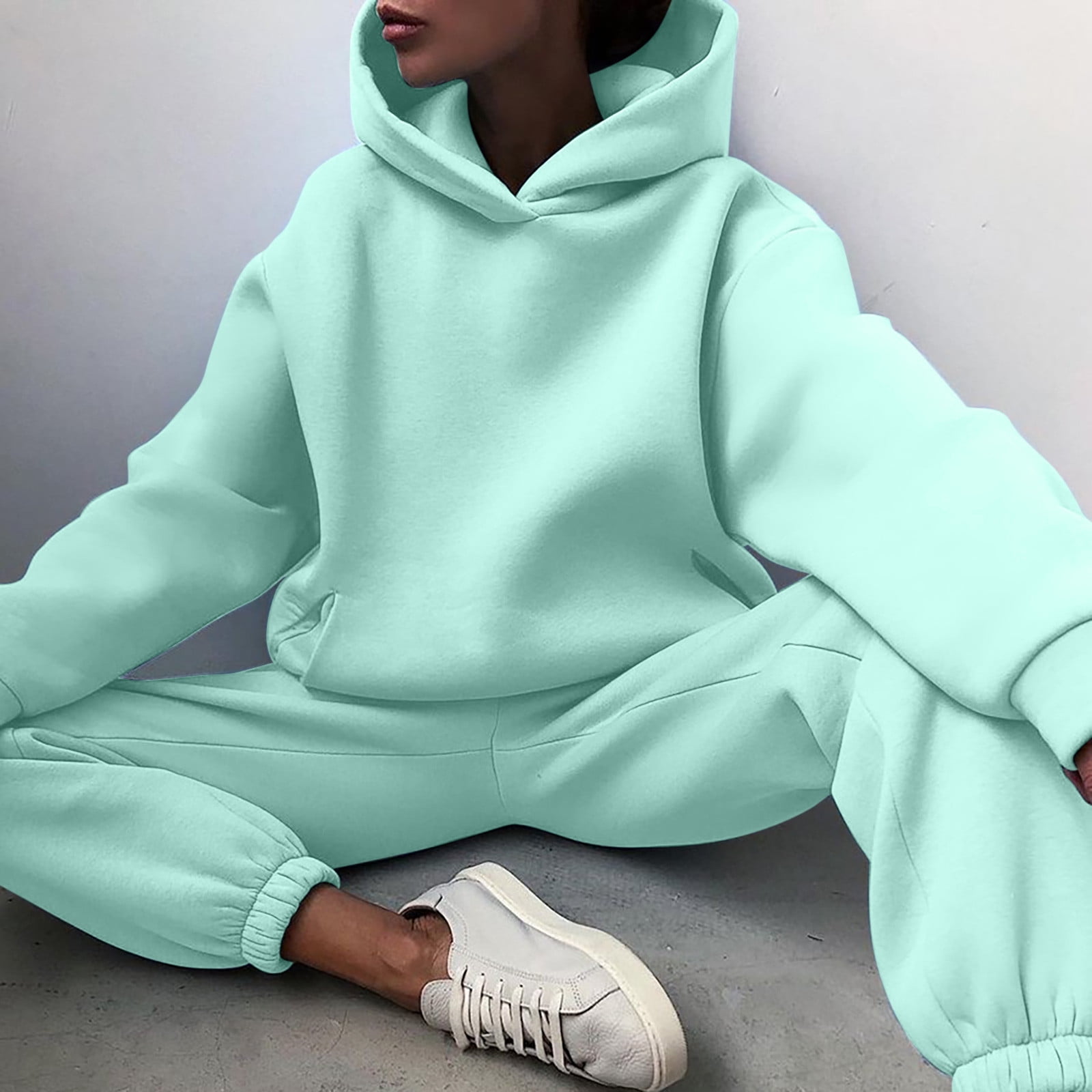 RQYYD Jogging Suits for Women - Solid Color Tracksuit Fall Winter Hoodie 2  Piece Jogging Suits with Pockets on Clearance (Mint Green,L) 