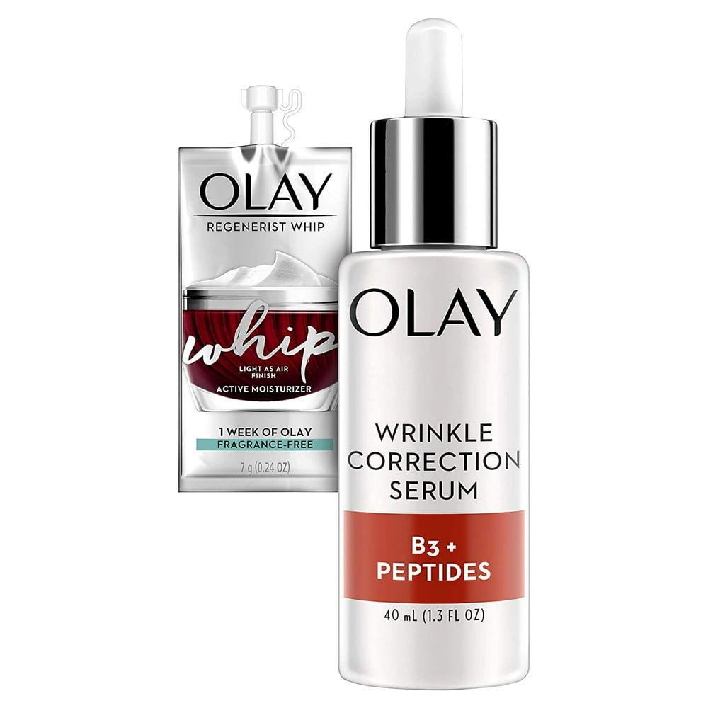 Olay Collagen Peptides Wrinkle Correction Serum, 1.3 Fl Oz + Whip Face Moisturizer Travel/Trial