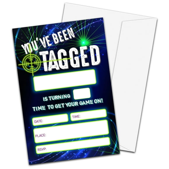 Laser Tag Adventure Invitations Pack - 20 Fill-In Style Birthday Invites with Envelopes, Perfect for Exciting Laser Tag Parties, Fun and Engaging for All Ages!