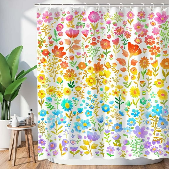 Boho Style Shower Curtain with Hooks Watercolor Floral Plant Shower Curtains Set for Bathroom Waterproof Shower Curtain Bathtub Accessories Bath Decoration 54"W x 78"L (Pack of 1)