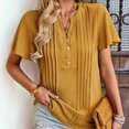 thumbnail image 3 of Business Casual Tops for Women V Neck Plain Button T Shirts Blouses Ruched Short Sleeve Tunic Tops to Wear with Leggings, 3 of 7