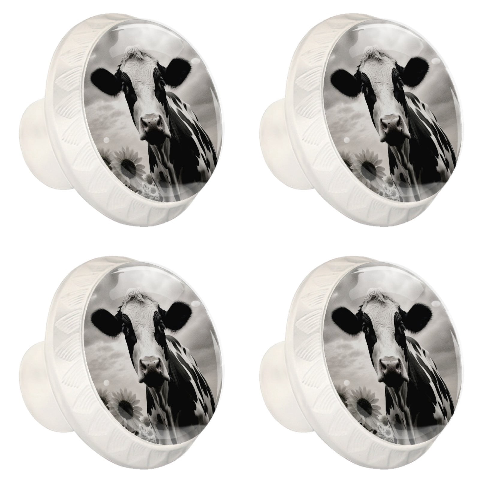 4 Pcs Cow and Sunflower Knobs for Kitchen Cabinet Cupboard Dresser Bookcase Drawer Pulls Handles Round Home Decor