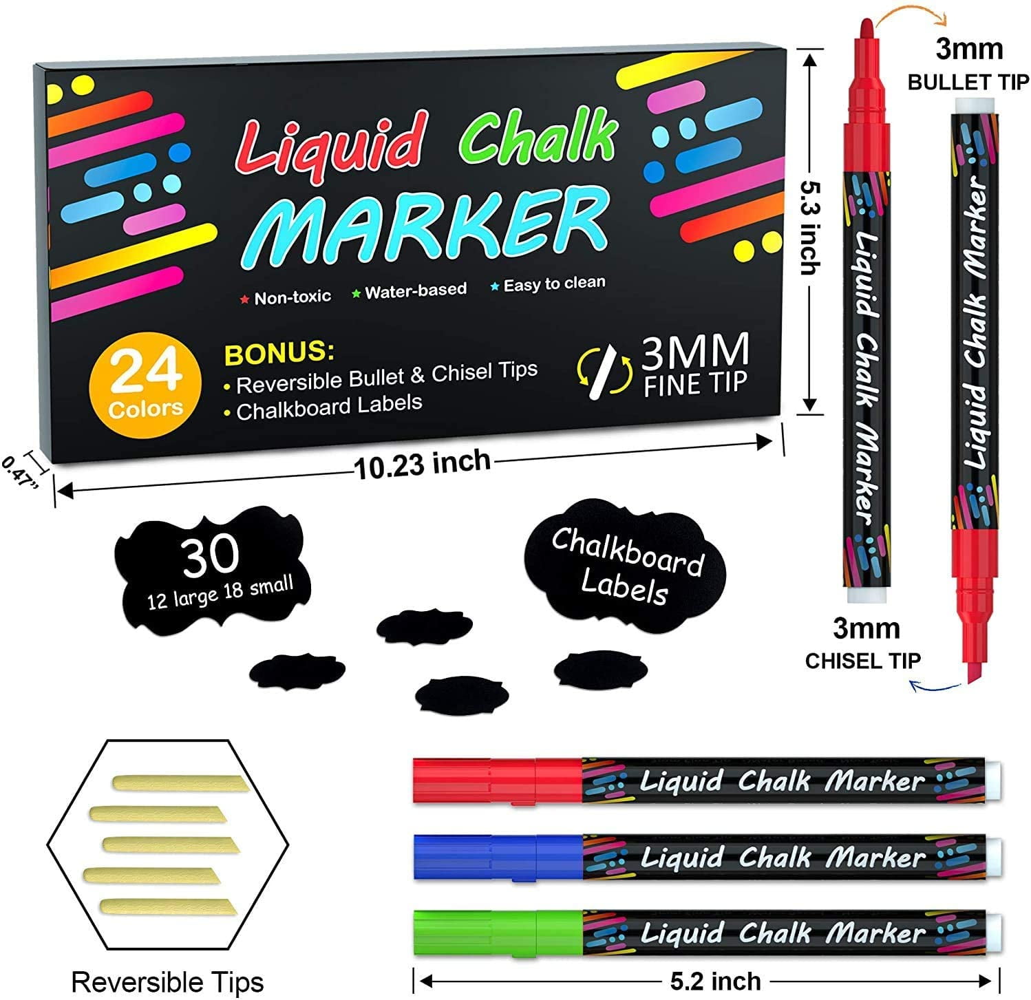 Chalkola 10 Fine Tip Liquid Chalk Markers for Chalkboard Signs, Blackboard,  Window, Labels, Bistro, Glass, Car (10 Pack 3mm) - Wet Wipe Erasable Ink  Chalk Board Markers, 3mm Reversible Tip Chalk Pens