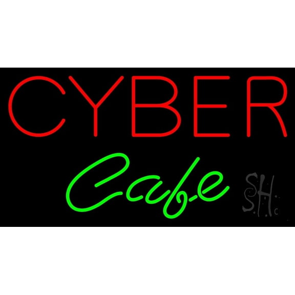 Red Cyber Cafe LED Neon Sign 20 x 37 - inches, Clear Edge Cut Acrylic Backing, with Dimmer - Bright and Premium built indoor LED Neon Sign for Computer & Electronics store decor.
