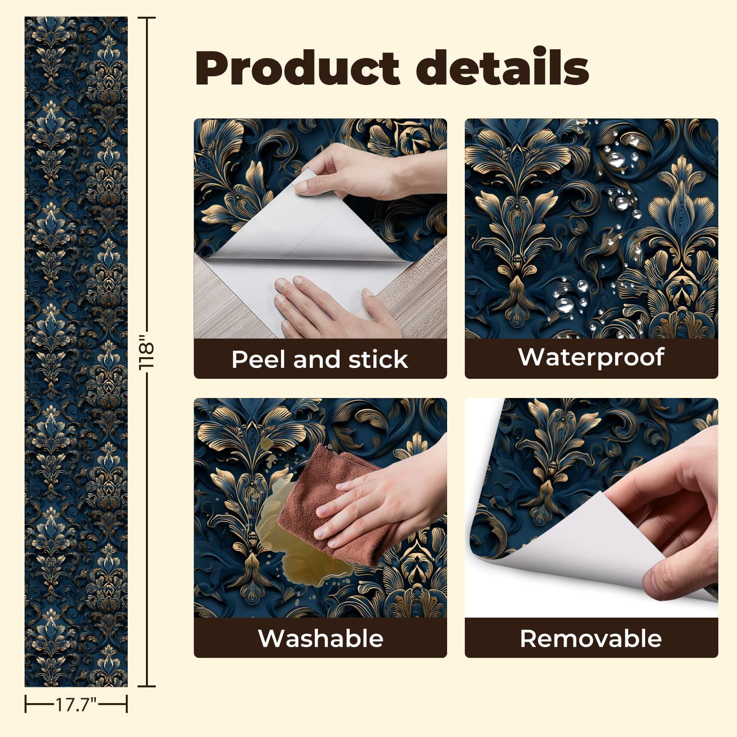Peel and Stick Wallpaper Luxurious Baroque Floral Deep Blue Gold Embossed Style Wall Mural 17.7in x 9.8ft Self Adhesive Removable Wall Paper Renter Friendly Wallpaper for Nursery Bedroom Cabinets