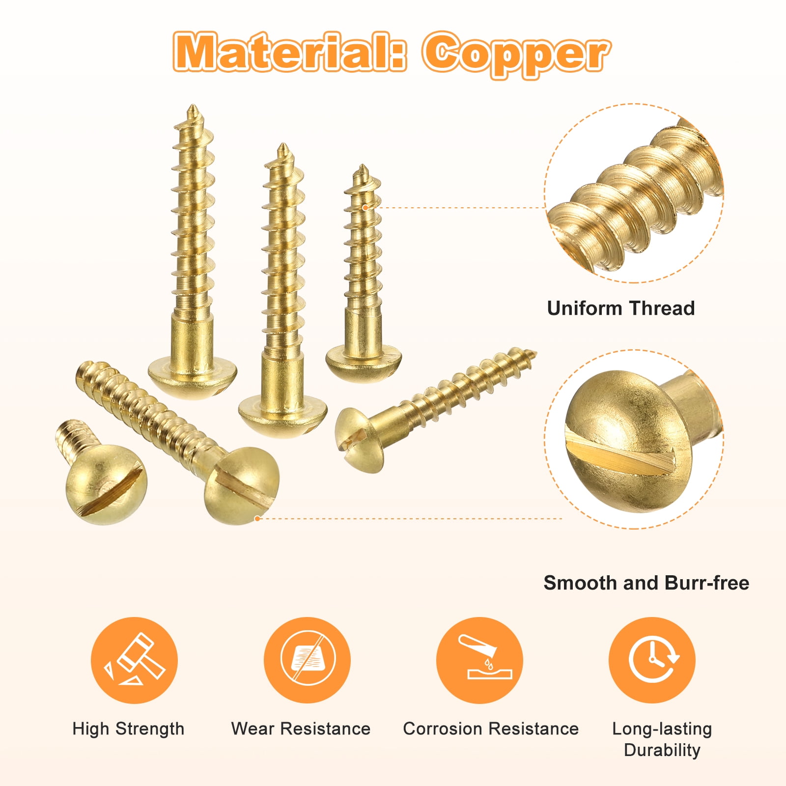 Wood Screws M3 x 25mm Slotted Round Head Copper Self-Tapping Screw 200 Pcs