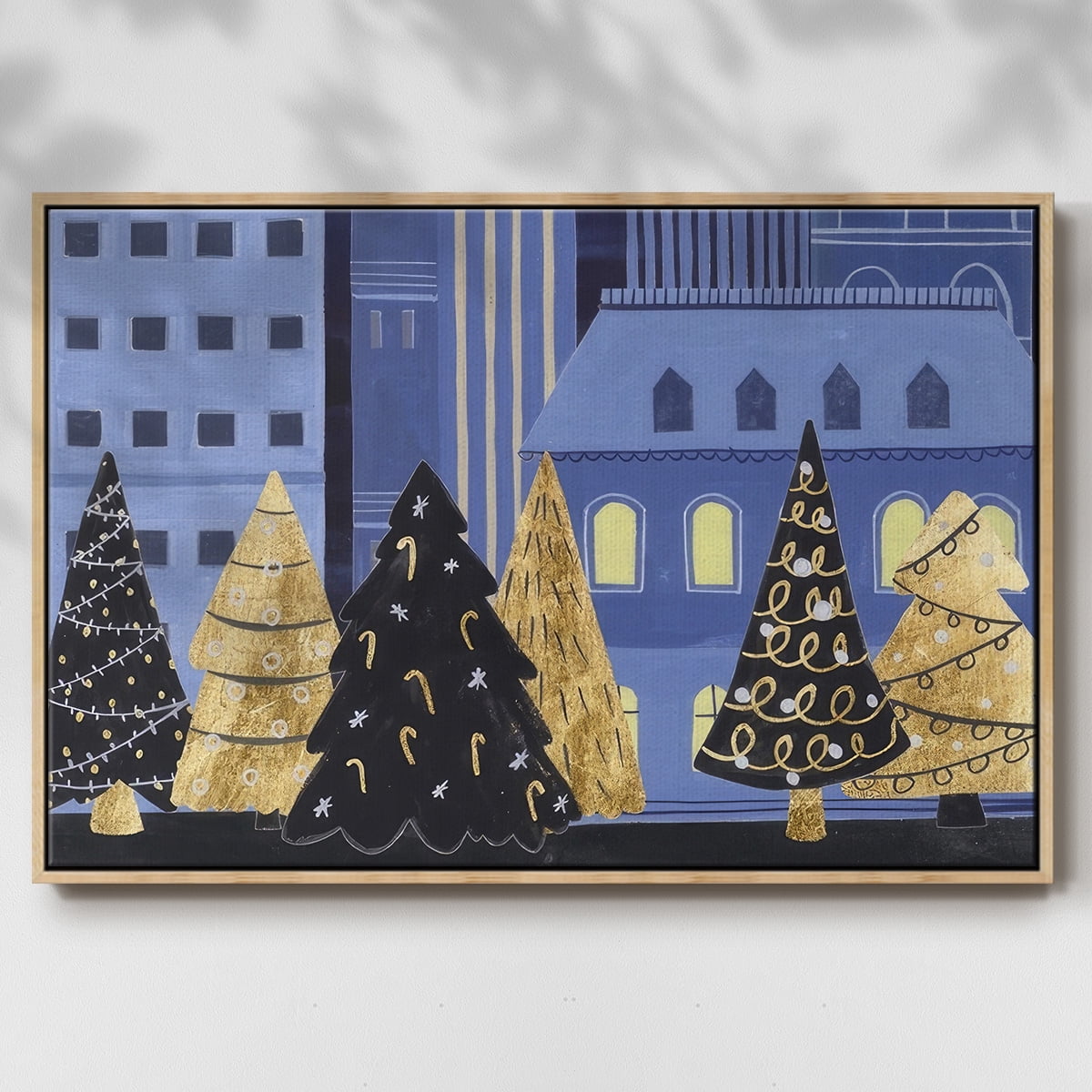 Holiday Night Collection A - Framed Gallery Wrapped Holiday Canvas - 17 x 25 - Natural Wood Frame