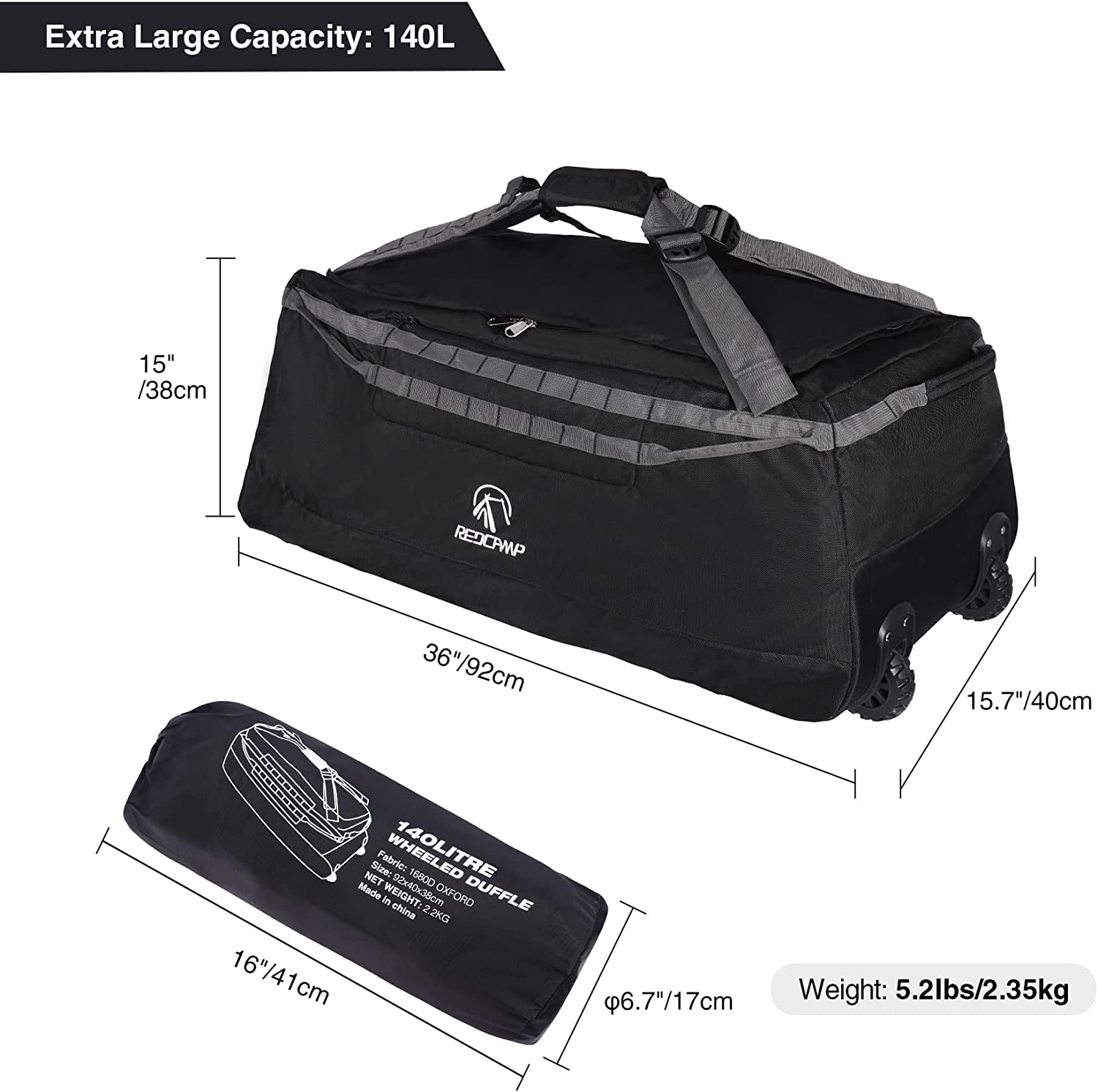 Redcamp 140L Foldable Rolling Duffle Bag with Backpack Straps photo 7