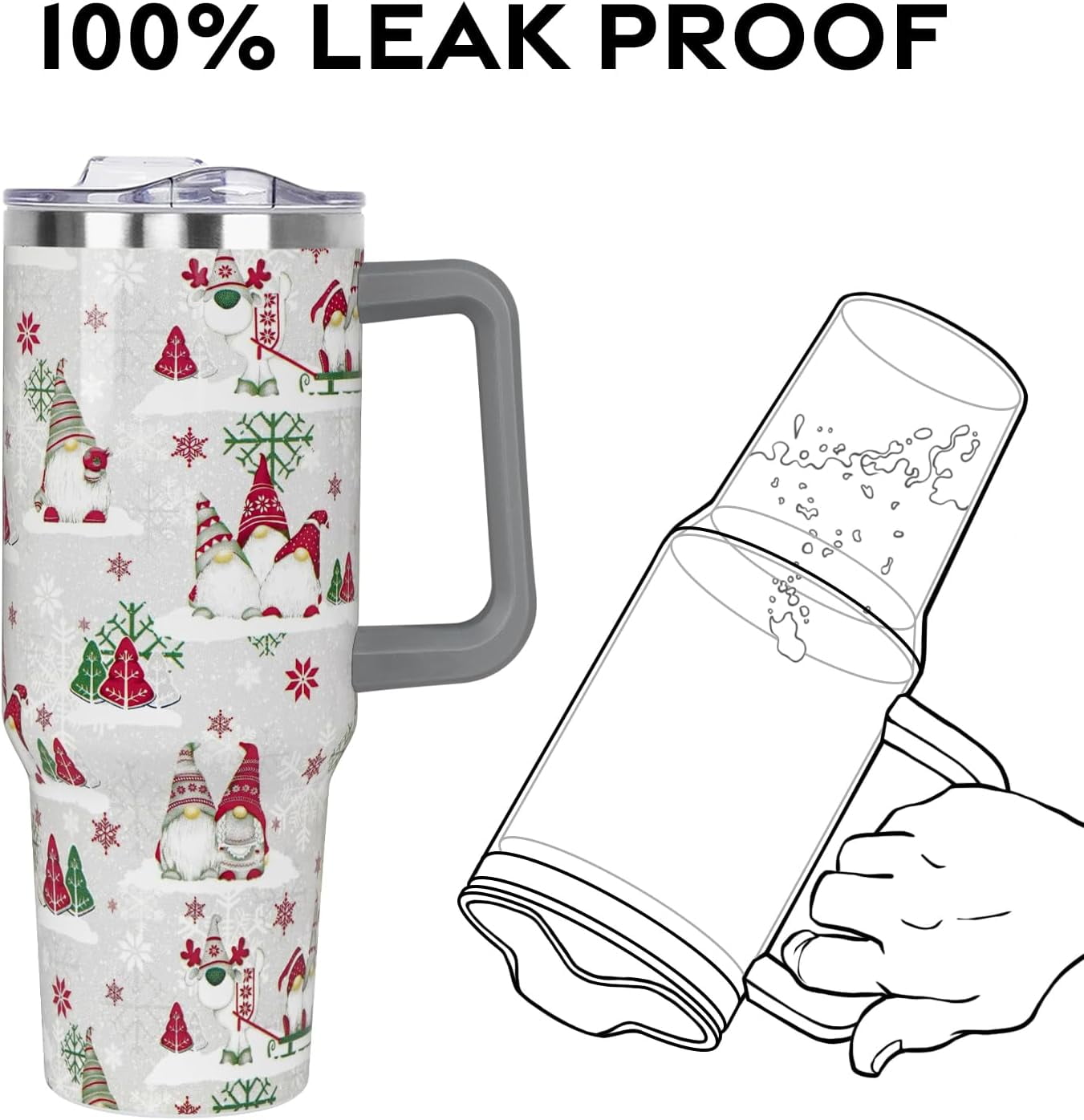 Christmas Winter Tumbler with Handle and Straw Lid 40 oz,Cute Merry Xmas Gnome Snowflake Gifts for Women Vacuum Insulated Leak Proof Tumbler,Holiday Accessories Stainless Steel Coffee Cup (Red/Green)