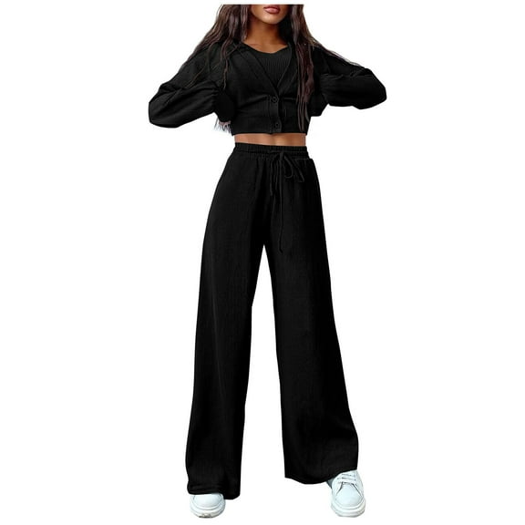 Lindreshi 2 Piece Lounge Set for Women Clearance Womens Fall Track Suits 3 Piece Outfits Matching Sets Ribbed Knit Cardigan Cropped Tank Tops Wide Leg Pants