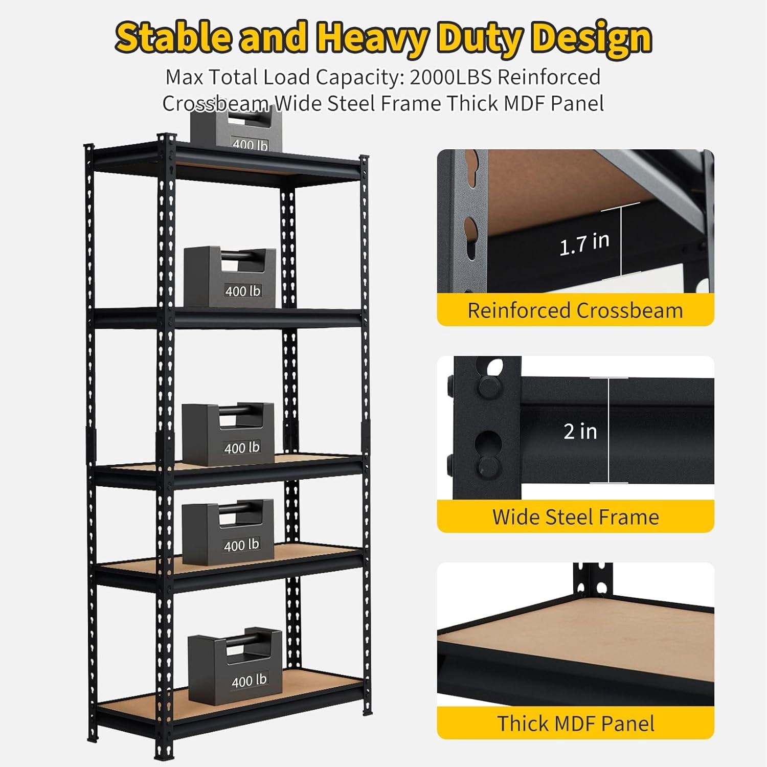 Industrial Metal Storage Shelves, 5 Tier Adjustable Garage Shelving Rack, 2000 lbs Capacity for Pantry and Storage Organization, 30 x 12 x 60 Inch