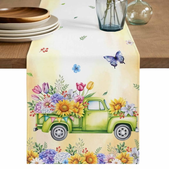 Spring Truck Flowers Cotton Linen Table Runner for Dining Kitchen, Watercolor Floral Butterflies Yellow Wedding Outdoor Party Tablerunners, Dresser Scarf Coffee Tablecloth Runners 13x90 Inches