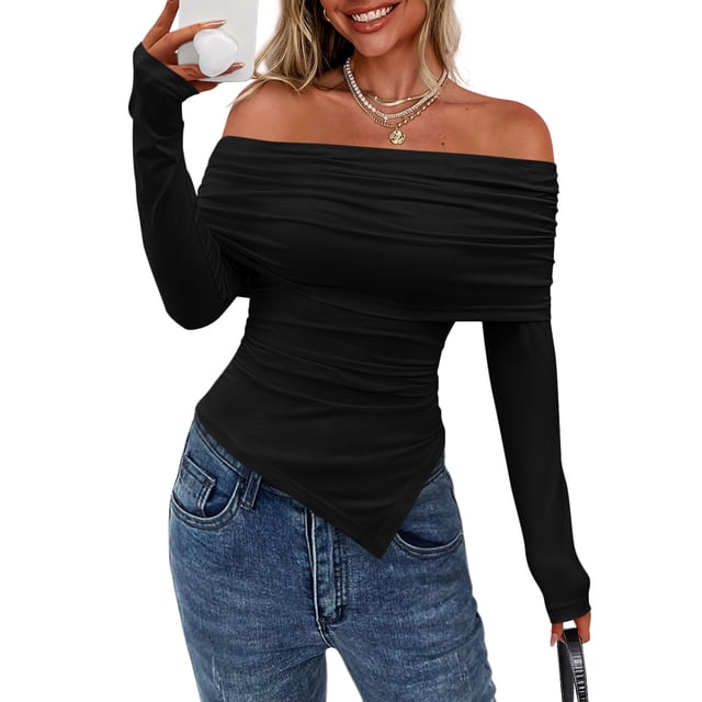 Remera PRETTYGARDEN Mujer Escote Hombros Descubiertos Ajustada Manga Larga Negra Talle S