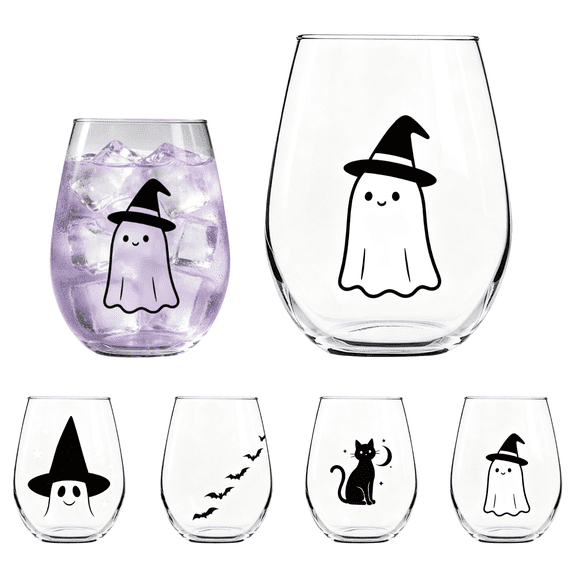 Halloween Decor Ghost Clear Glass Cup, Stemless Wine Glasses, Handcrafted Halloween Theme Ghost Witch Black Cat Bat Bar Glass, Home Decor Gift for Friends Family,D